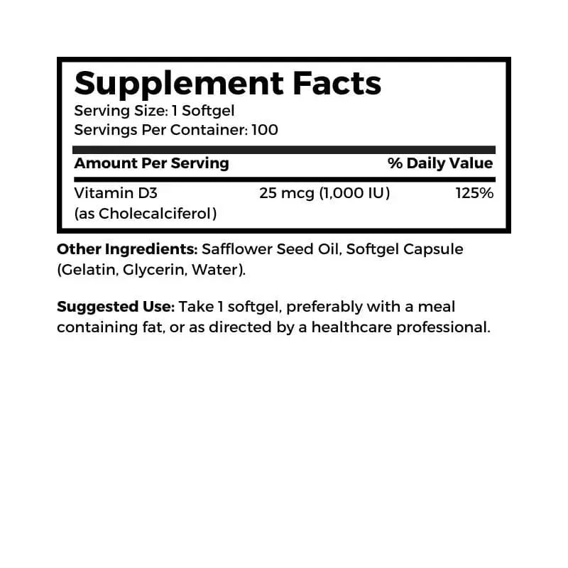 Vitamin D3, 1000 IU 100 softgels (Soy Free) - Image 2